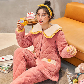 珊瑚绒睡衣女秋冬季三层夹棉袄加厚加绒保暖家居服法兰绒套装