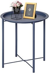 VECELO 折叠端,圆形金属托盘侧沙发防锈防水户外或室内零食装饰咖啡桌,蓝色,1 件