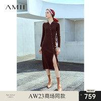AMII新中式翻领假斜门襟连衣裙女针织裙修身显瘦裙子 深咖 160/84A/M