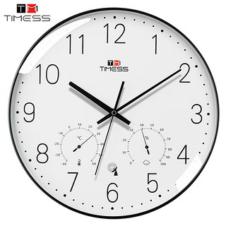TIMESS 挂钟 电波钟客厅钟表温湿度计时尚创意简约石英钟表挂墙卧室时钟 P12D-1黑边白面30厘米