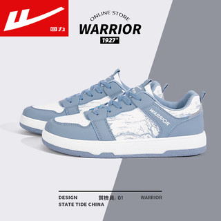 WARRIOR 回力 男鞋秋季百搭滑板鞋男耐磨增高运动休闲鞋子男轻便皮面小白鞋男 白蓝/国潮水墨画 42/标准尺码