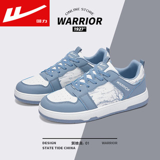 WARRIOR 回力 男鞋秋季百搭滑板鞋男耐磨增高运动休闲鞋子男轻便皮面小白鞋男 白蓝/国潮水墨画 42/标准尺码
