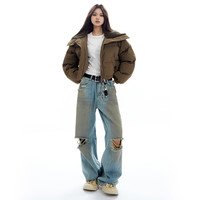 APEA美式复古辣妹短款面包服大翻领宽松加厚棉服外套