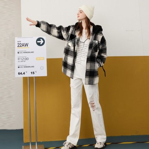 a02特色女装_a02 高档黑白格子短外套女春秋新款舒适ins夹克大衣大码连