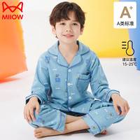 猫人(MiiOW)女童纯棉睡衣儿童长袖春秋季开衫中大童男孩家居服薄套装 淘气熊湖绿 140cm