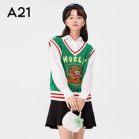 A21春女装复古撞色落肩马甲绿毛衣背心女针织条纹减龄马夹 深翠绿 M