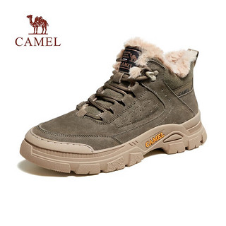 骆驼（CAMEL）男鞋 长绒保暖耐水止滑增高底休闲工装靴男 军绿 40