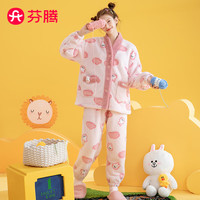 芬腾睡衣女20V领厚绒可妮兔长袖女士家居服睡衣套装 樱花粉 S