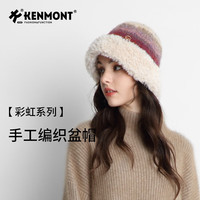 卡蒙(Kenmont)手工织渐变色彩虹护耳毛线帽宽松可折叠加绒保暖针织帽洋气9489 藤蔓紫 适用头围(56-58cm)