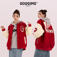 GOOGIMS棒球服男女同款夹克拼色字母美式潮款潮牌宽松休闲外套 中国红 S(160CM到170CM/90斤到120斤)