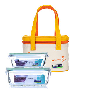 Glasslock韩国耐热钢化玻璃保鲜盒可微波炉加热饭盒通勤带饭包包2件套 长方480ml+长方695ml+米黄包
