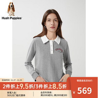 Hush Puppies暇步士女装2024春季美式休闲条纹Polo领T恤卫衣 519花灰 L