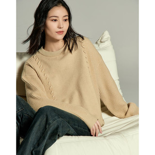 TOYOUTH 初语 复古落肩毛衣女冬季软糯时尚保暖织带上衣 杏色 S