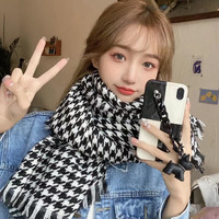 蜀泽 千鸟格仿羊绒围巾女简约学院风秋冬季保暖披肩两用X 黑色