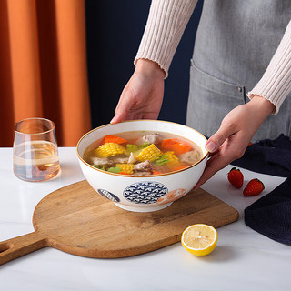 贺川屋 陶瓷汤碗大号日式碗8英寸大碗釉下彩家用酸菜鱼汤盆 五良青花