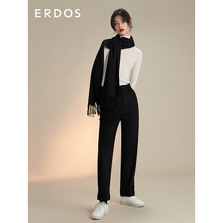 ERDOS 秋冬女士简约流苏装饰羊绒水纹素色围巾 黑 180X30