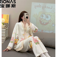 宝娜斯(BONAS)配饰法兰绒可爱卡通秋冬加厚珊瑚绒韩版可外穿家居服 DS米色派大星 均码(80-140可穿)