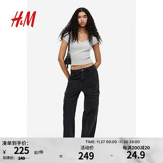 H&M 女装牛仔裤时尚休闲宽松高腰直筒工装裤1198921 黑色 160/72A