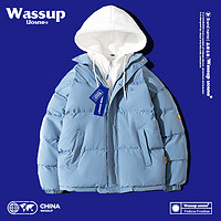 WASSUP UOSNE 潮牌棉服男女秋冬季假两件棉衣加厚棉袄连帽面包服外套装 蓝色 2XL（体重155内）