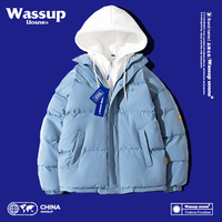 WASSUP UOSNE 潮牌棉服男女秋冬季假两件棉衣加厚棉袄连帽面包服外套装 蓝色 2XL（体重155内）