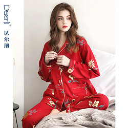 Daerli 达尔丽 红色睡衣女春秋季纯棉长袖薄款家居服套装本命年新疆棉印花可外穿 红色-山茶花 L：建议体重105-120斤