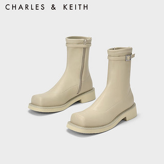 CHARLES&KEITH23冬季方头加绒拉链粗跟短靴女CK1-90380146 粉白色Chalk 38