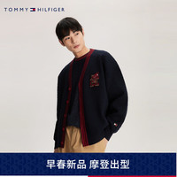 TOMMY HILFIGER【龙年系列】 24早春男女含羊毛拼色刺绣宽松开衫毛衣34196 藏青色DW5 S