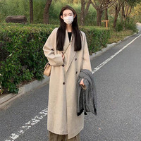 佩茄 韩系毛呢外套女2023爆款秋冬小个子加厚燕麦色中长款呢子大衣