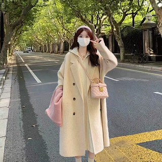 佩茄 韩系毛呢外套女2023爆款秋冬小个子加厚燕麦色中长款呢子大衣