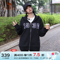 骆驼 CAMEL开胸卫衣冬简约时尚休闲百搭中性款针织连帽外套 6051，幻影黑，男女同款 XS