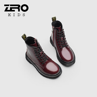 零度童鞋黑色儿童靴子男童女童马丁靴短靴 酒红 29码 鞋内长18.6cm