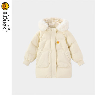 B.Duck 童装女童羽绒服中长款外套大毛领红色新年 米色