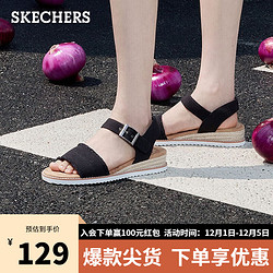 SKECHERS 斯凯奇 凉鞋女夏季2021女子凉鞋一字扣平底凉鞋复古休闲鞋沙滩鞋女 35 黑色