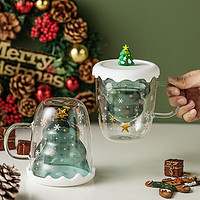 摩登主妇 圣诞玻璃杯双层大容量水杯卡通办公室耐热双层喝水杯子 圣诞树双层杯+圣诞树杯盖