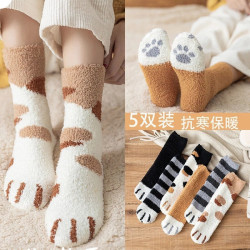 在水蓉 猫爪珊瑚绒中筒袜 5双