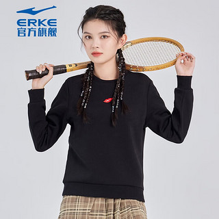 鸿星尔克（ERKE）卫衣女宽松百搭时尚休闲简约保暖圆领运动风女生长袖 正黑 L