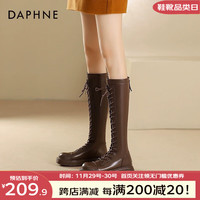 达芙妮(DAPHNE) 长筒靴女冬美拉德长靴加绒系带显瘦骑士靴女靴子 百搭棕色骑士靴【加绒款】 35