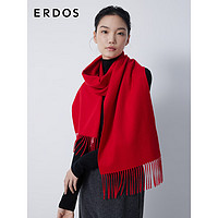 ERDOS 羊绒纯色流苏休闲简约长方形水纹刺绣女士围巾 中国红 180cmX30cm