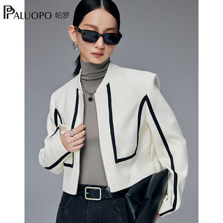 帕罗（PALUOPO）100%绵羊毛撞色短外套秋冬女士加厚保暖夹克外衣条纹拉链衣服 米白 S