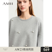 AMII圆领落肩袖开衩钉珠卫衣女前短后长宽松休闲上衣