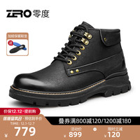 零度Zero男靴冬百搭真皮高帮保暖系带马丁鞋复古户外工装靴 黑色 39