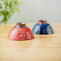 美浓烧 Mino Yaki)日本餐具日式和风釉下彩色碗拉面碗吃饭碗家居个人 浮雕菊绘-蓝