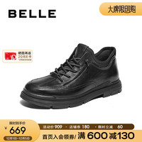 百丽厚底休闲鞋男士2023冬免系带商务皮鞋加绒8FS01DM3 黑色-绒里 44