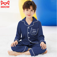 猫人（MiiOW）女童纯棉睡衣儿童长袖春秋季开衫中大童男孩家居服薄套装 藏青抽条款 140cm