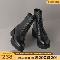 达芙妮马丁靴女冬女皮靴粗跟厚底短靴毛线口拼接休闲女靴 绿色单里 35