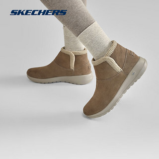 斯凯奇（Skechers）秋冬季纯色加绒加厚保暖棉鞋女士一脚蹬防寒防滑短靴144113 棕褐色/TAN 35