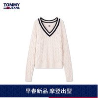 TOMMY JEANS24早春女装复古绞花拼色V领宽松针织衫毛衣DW0DW17498 米白色YBH XS