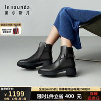 莱尔斯丹 le saunda冬商场同款时尚横饰扣圆头粗跟通勤段加绒短靴女靴4T49019V 黑色 BKL 38
