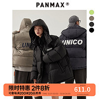 潘·麦克斯（PANMAX）PANMAX大码男装美式休闲潮流宽立领拆卸帽印花厚款羽绒服男女加肥 黑色 3XL