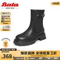 Bata时装靴女英伦风粗跟牛皮通勤百搭短筒靴18651DZ3 黑色 35